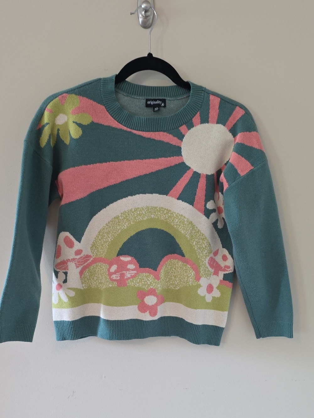 Originality Teal Retro Rainbow Crewneck Sweater